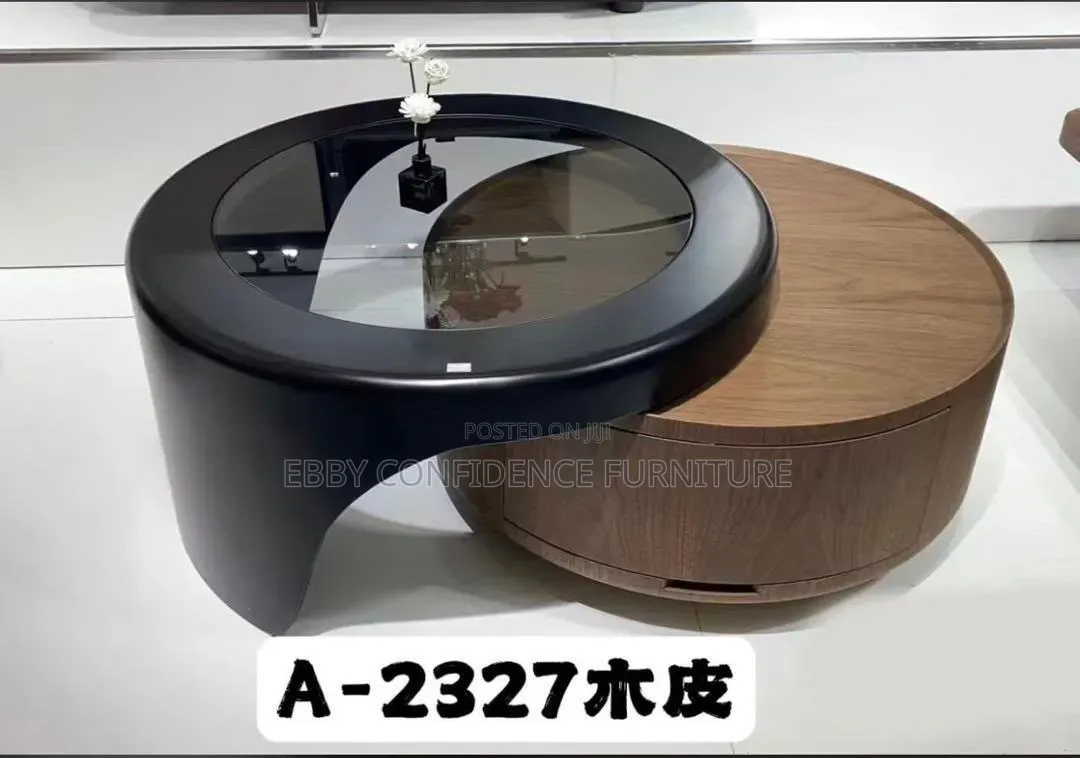 Modern Round Nesting Coffee Table Set Wood & Black Glass Finish.