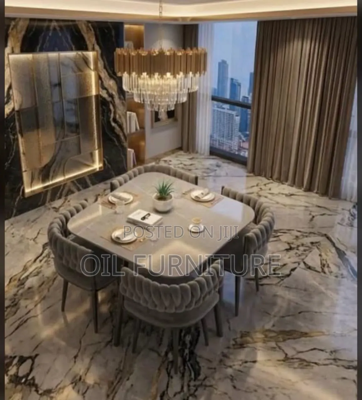 Luxury 4-Seater Grey Marble Dining Set With Braided Velvet Chairs