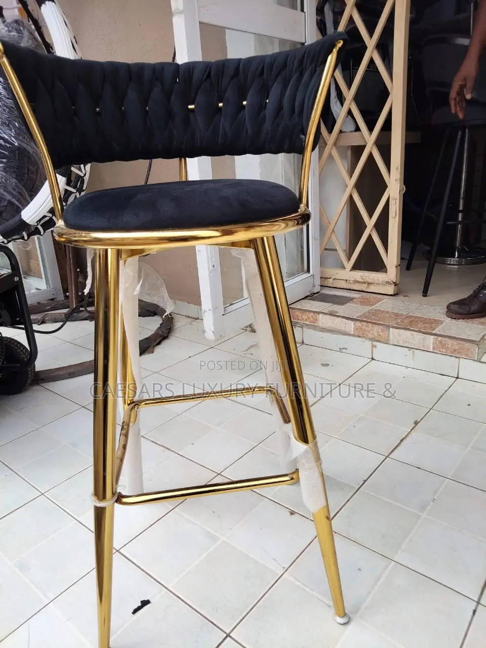 High Bar Stool With Braided Back and Gold Base