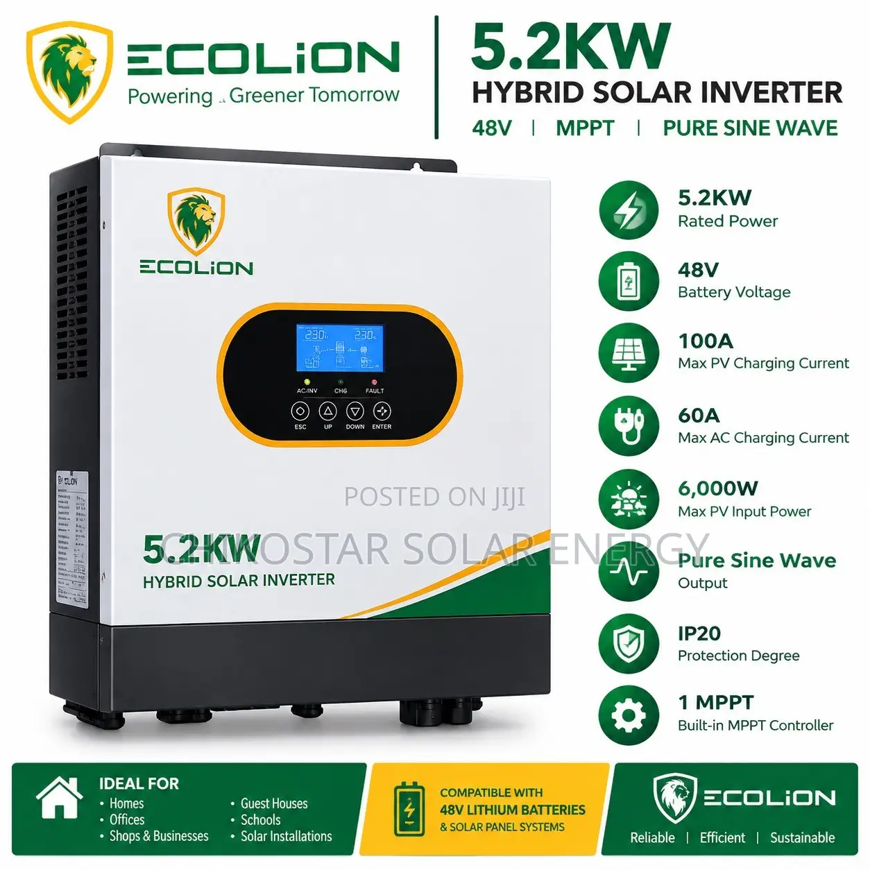 Ecolion 5.2kw 48v Hybrid Solar Inverter | 100a MPPT | 6kw Pv
