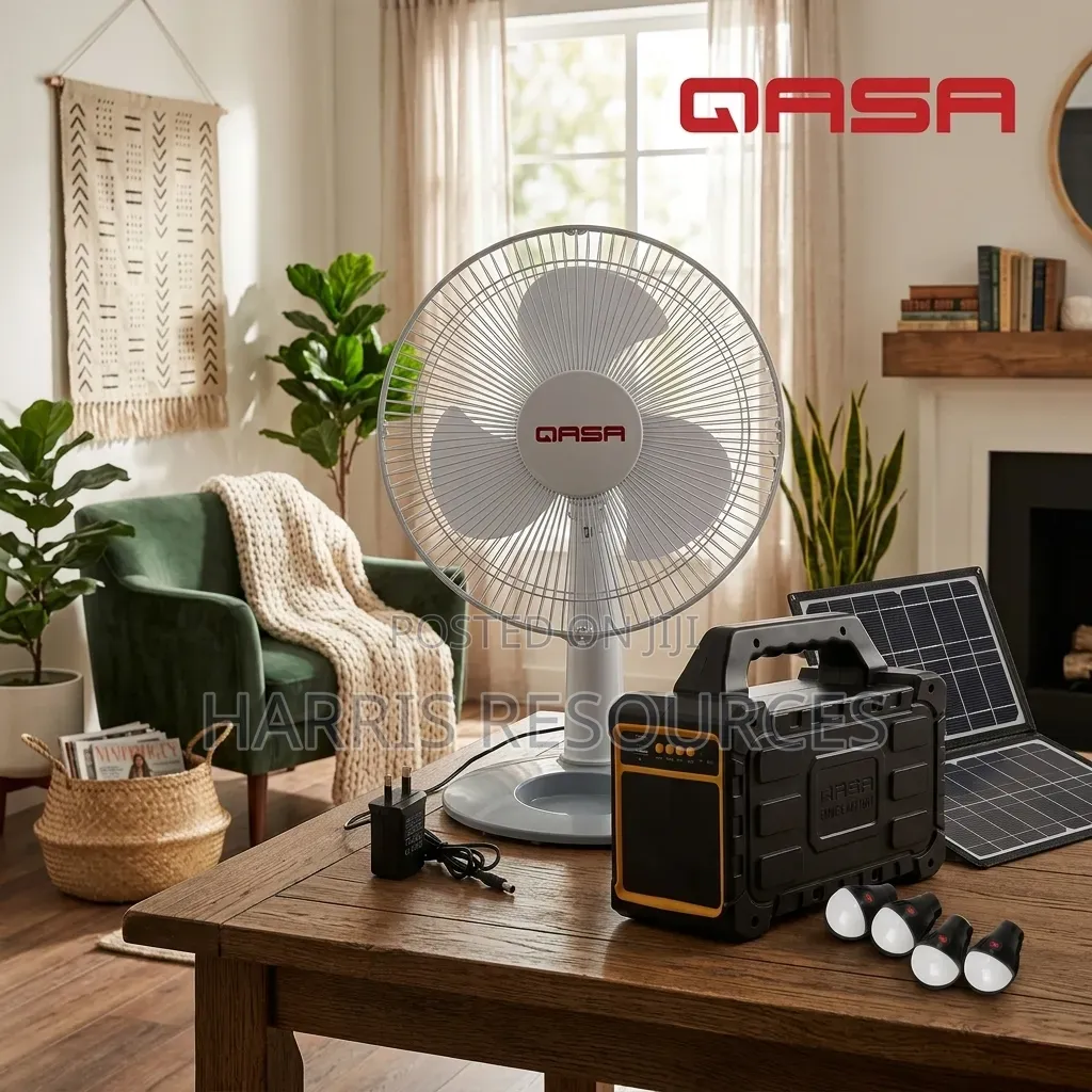 Qasa Dc Table Fan + Solar System With 4 Bulbs Bluetooth Player + Panel