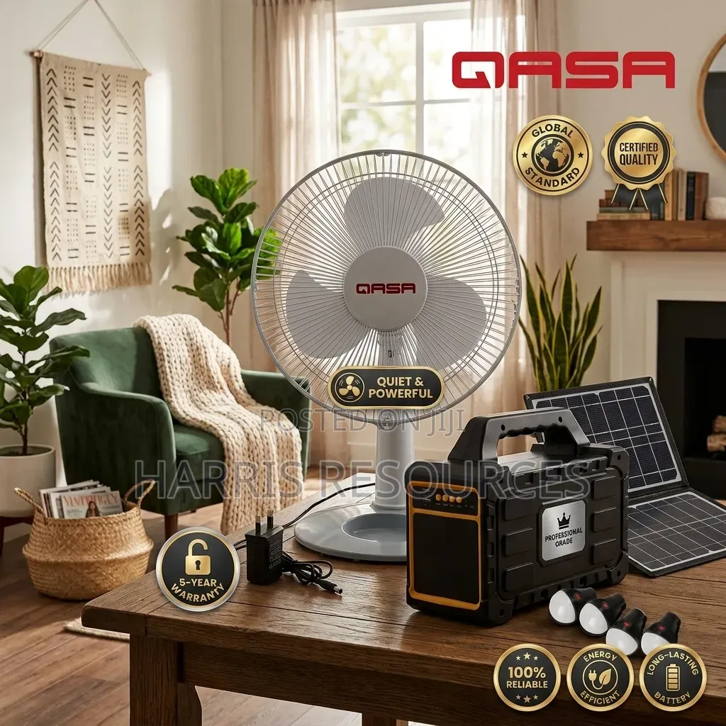 Qasa Dc Table Fan + Solar System With 4 Bulbs Bluetooth Player + Panel
