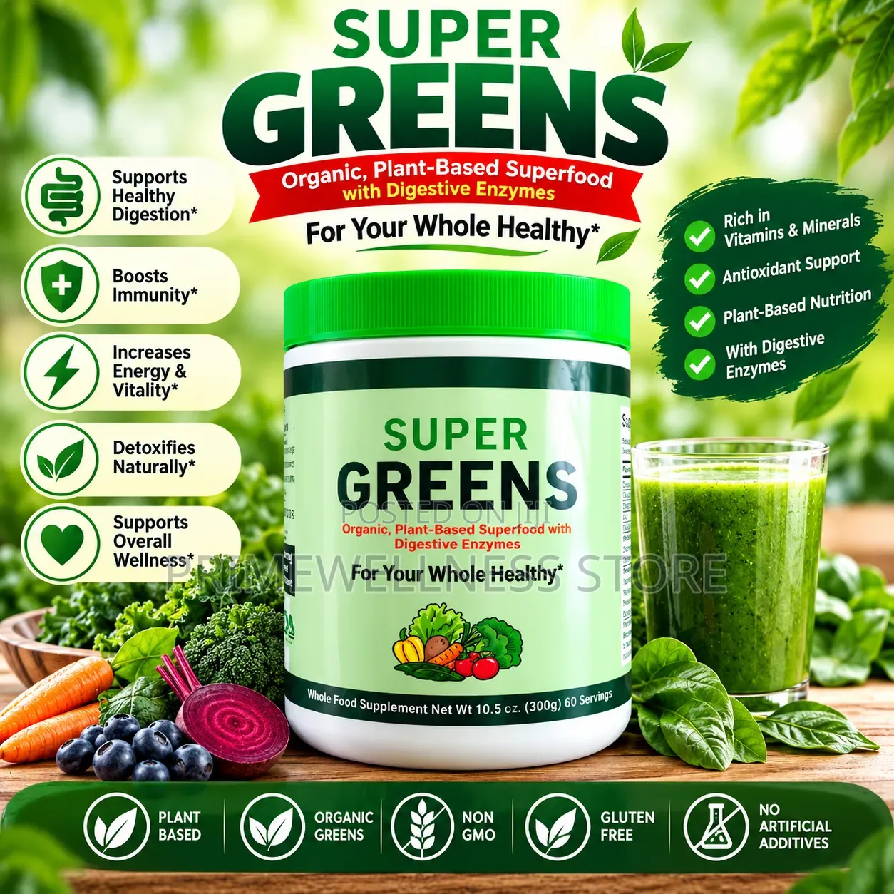Super Greens, Organic, Plant-Based Superfood With Digestive Enzymes