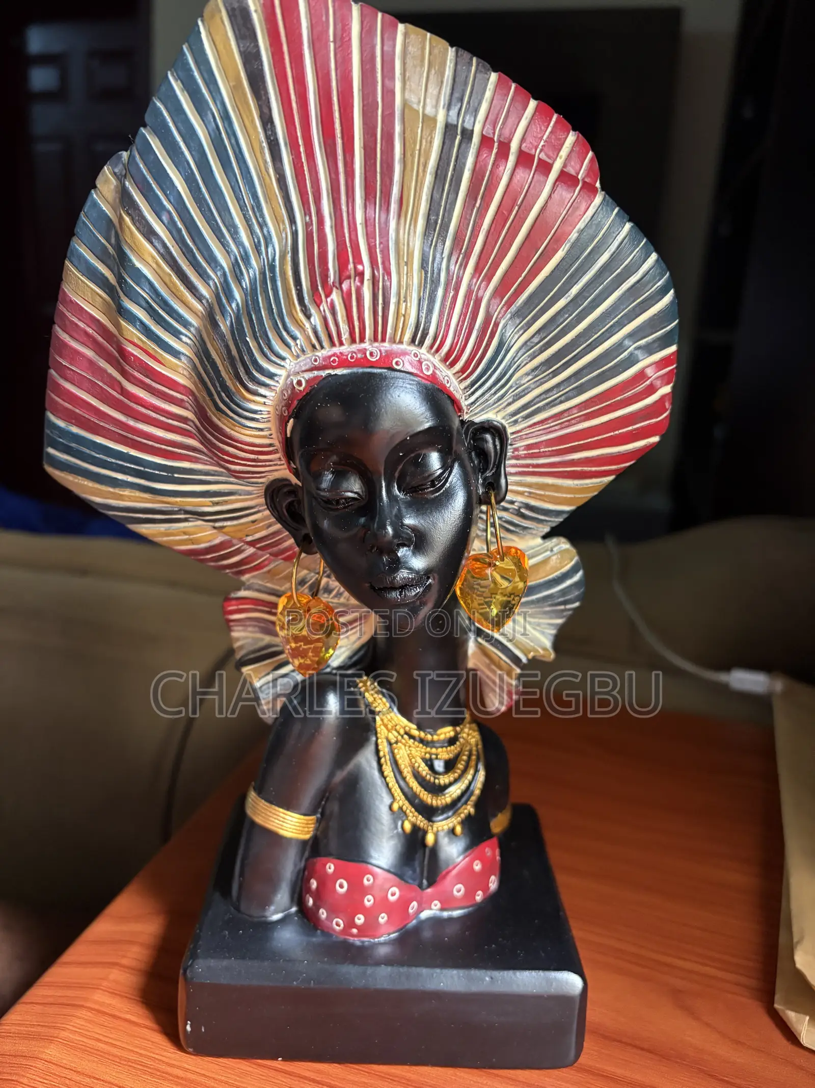 Elegant Large African Lady Statue and Figurine With Dangling Ear Rings