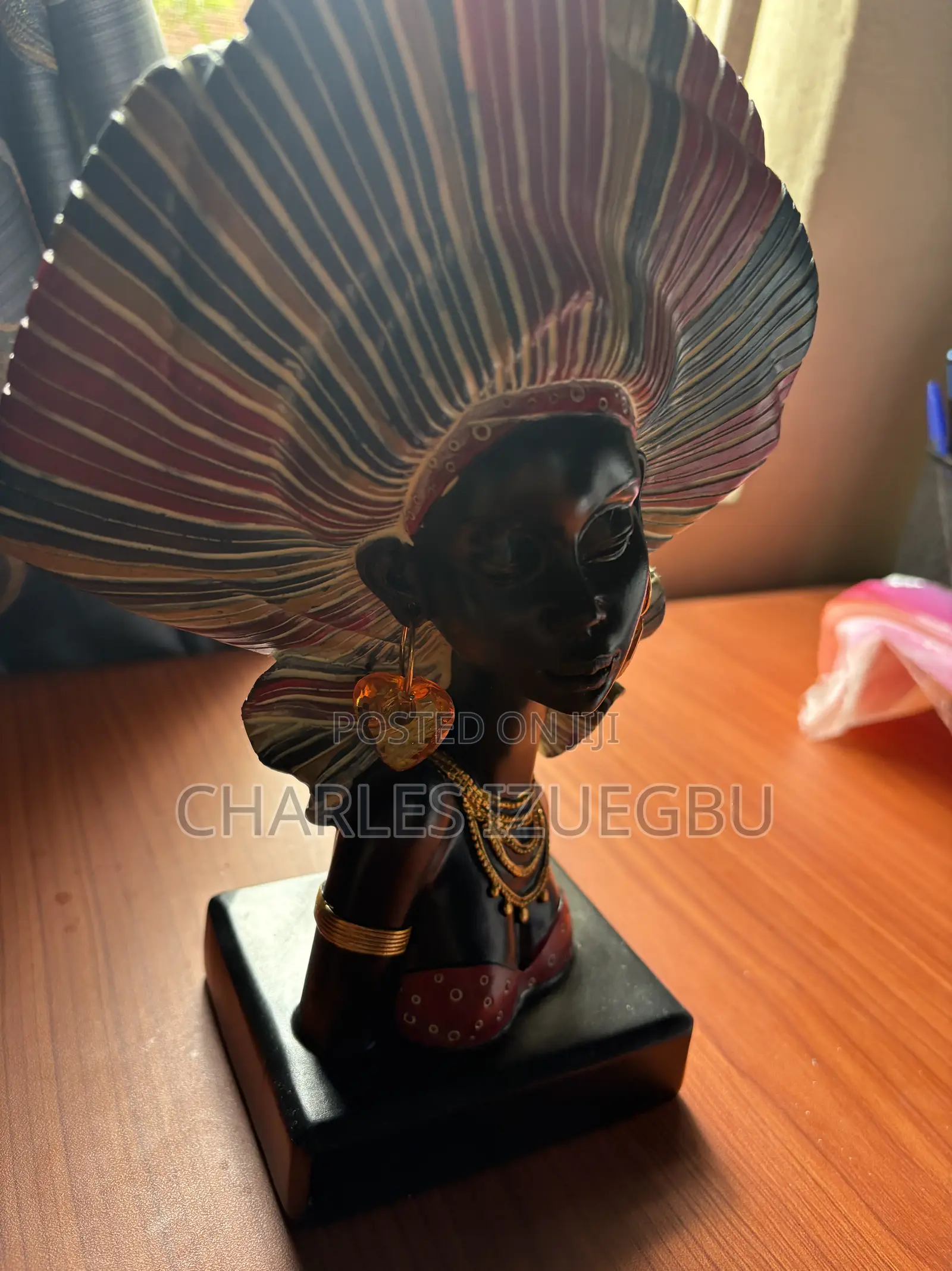 Elegant Large African Lady Statue and Figurine With Dangling Ear Rings