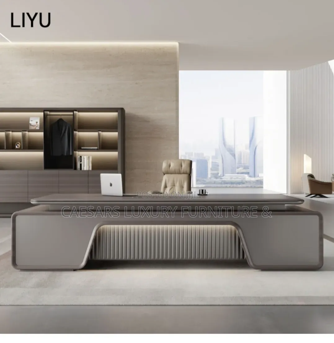 L-Shaped Office Table With LED Accent Light & Side Cabinet