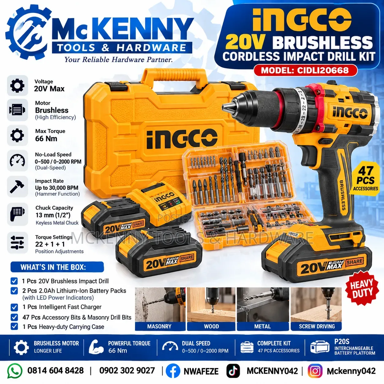 INGCO 20V Brushless Impact Drill Kit – 2 Batteries + Accessories