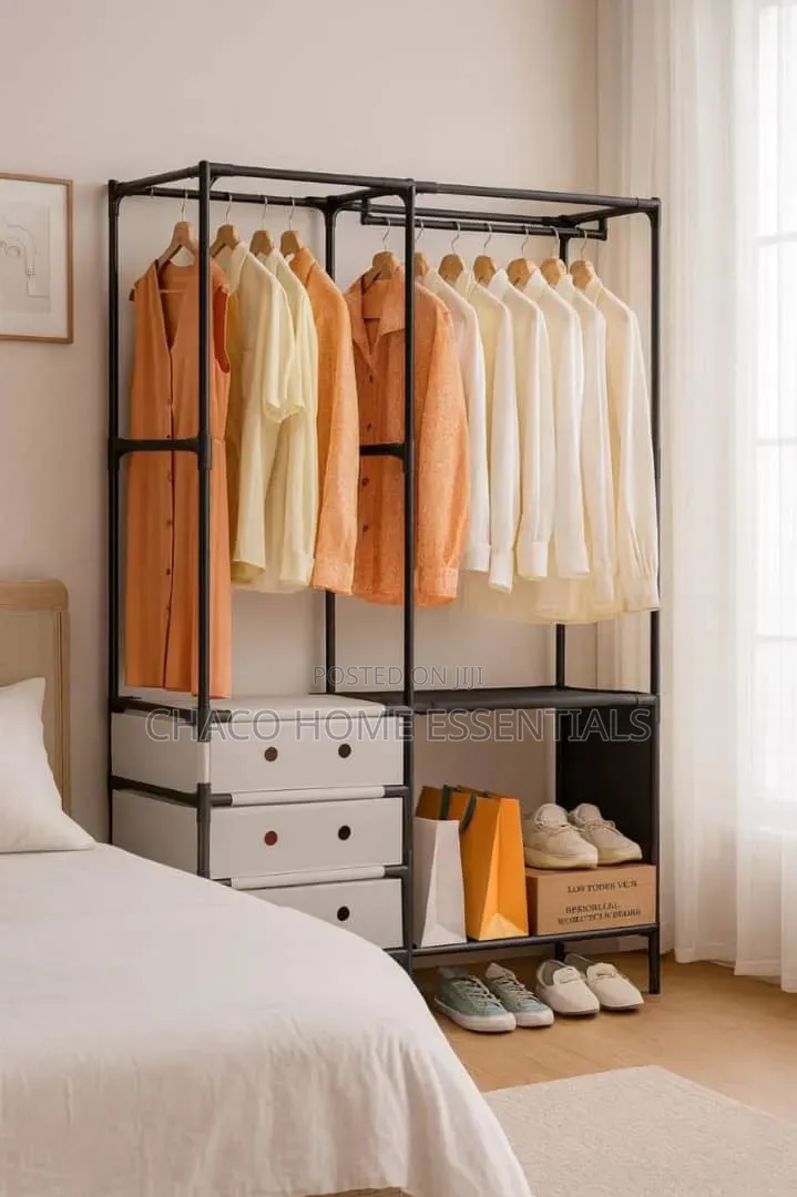 Double-Partition Wardrobe Rack With Drawers & Shoe Shelves