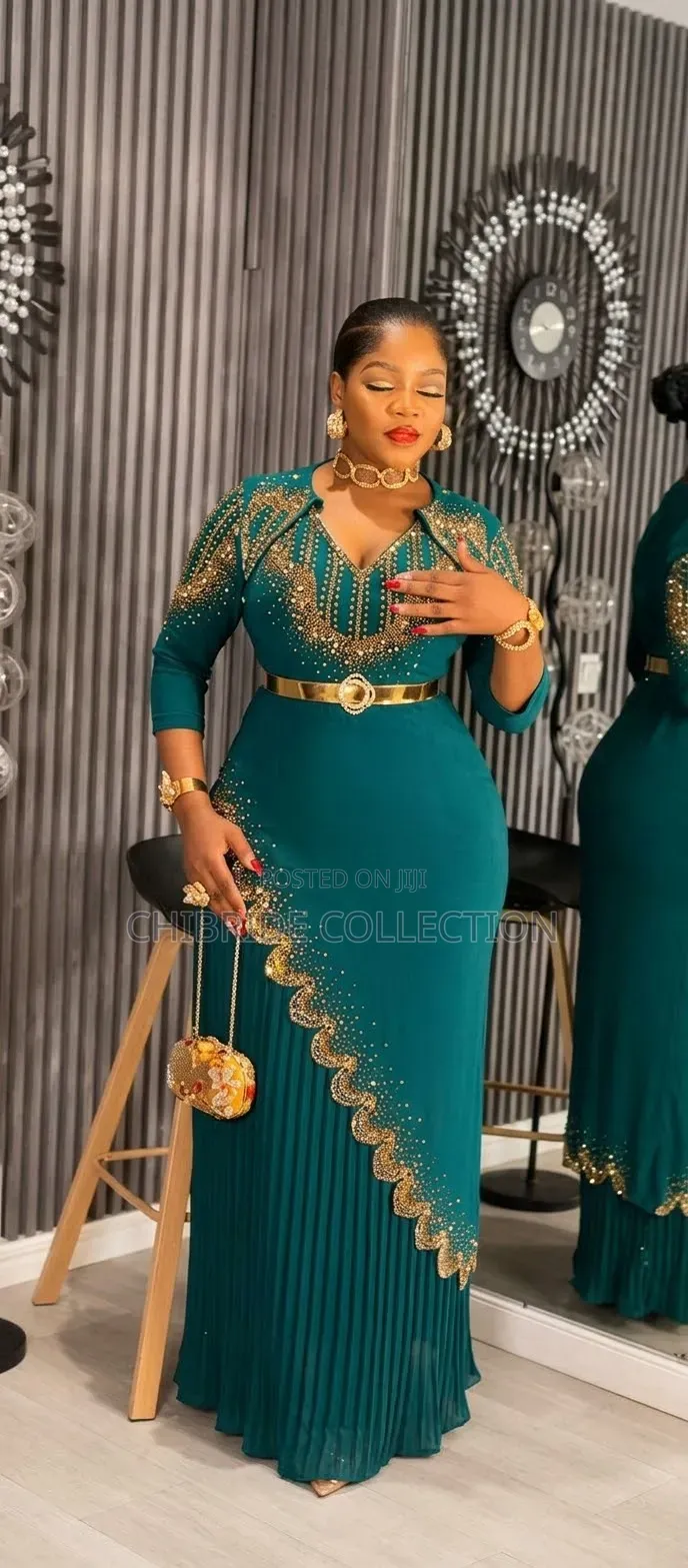 Elegant Emerald Green & Gold Maxi Dress