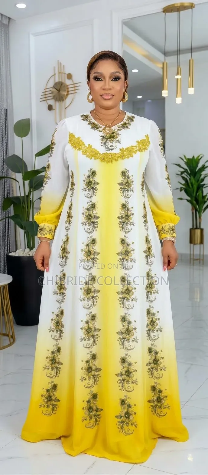 Elegant White & Yellow Printed Maxi Dress