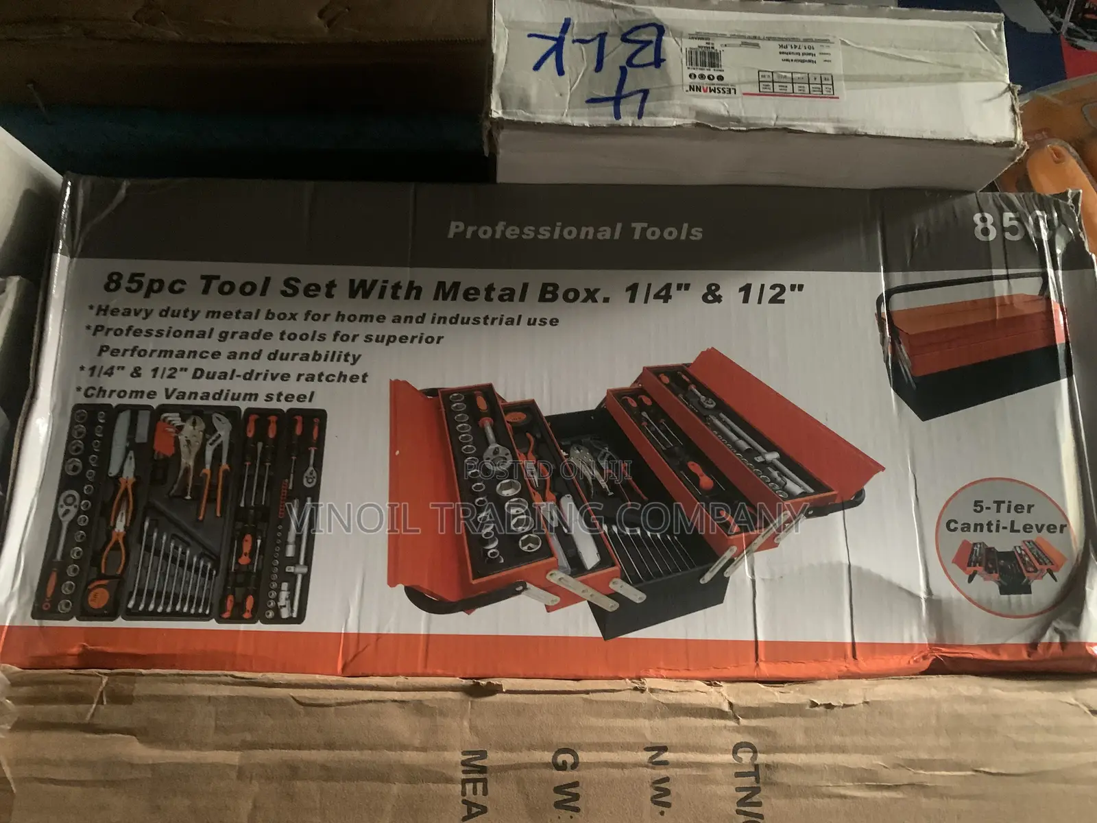 85pc Tool Set With Metal Box - 1/4" & 1/2" - 5-Tier Canti-Lever