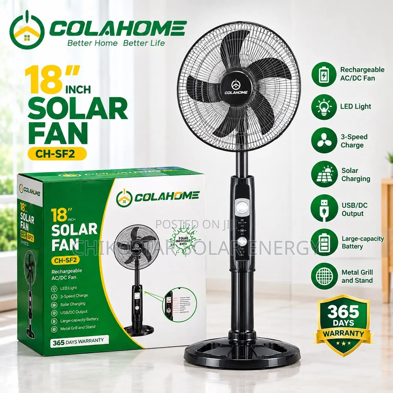 Brand New Colahome 18-Inch Rechargeable Solar Fan (AC/DC)