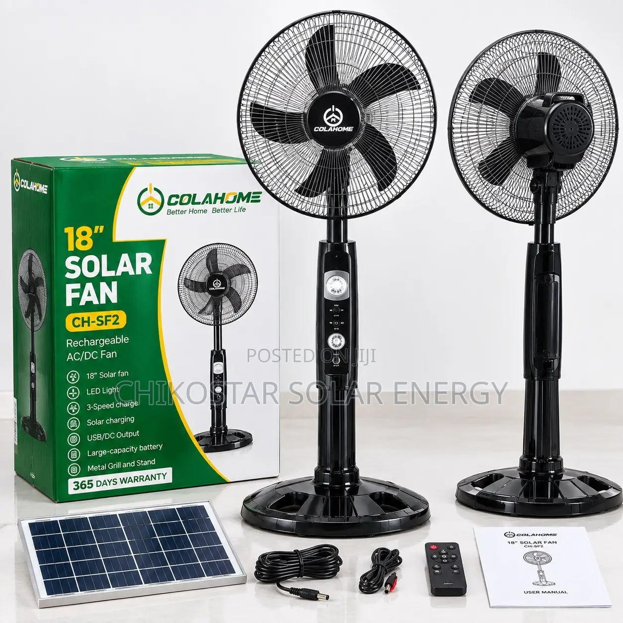 Brand New Colahome 18-Inch Rechargeable Solar Fan (AC/DC)