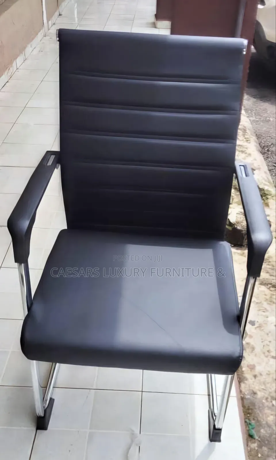 Office Visitor Chair - Black Leather With Chrome Sled Base