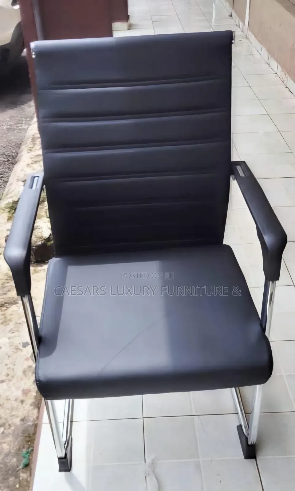 Office Visitor Chair - Black Leather With Chrome Sled Base
