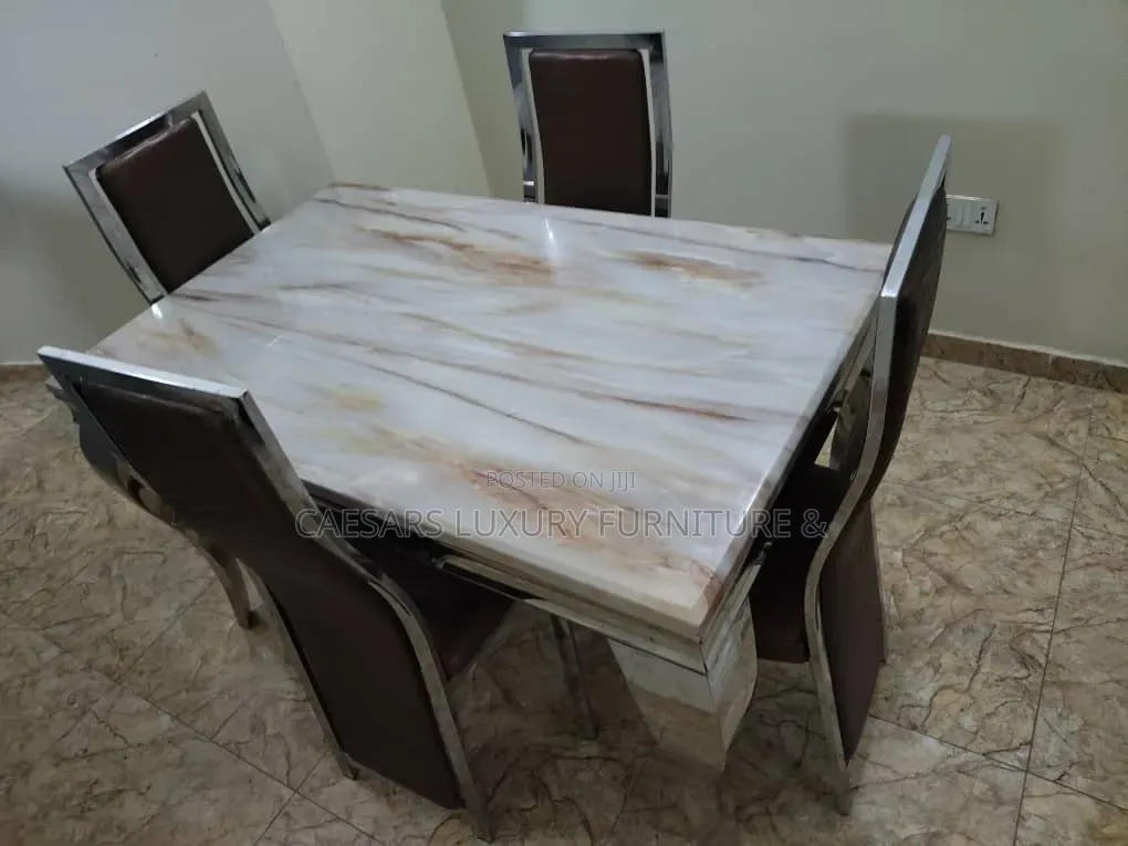 4-Seater Marble Top Dining Table Set With Chrome Steel Legs