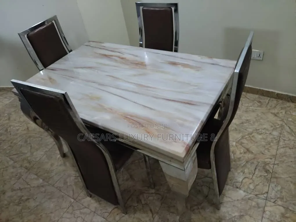 4-Seater Marble Top Dining Table Set With Chrome Steel Legs