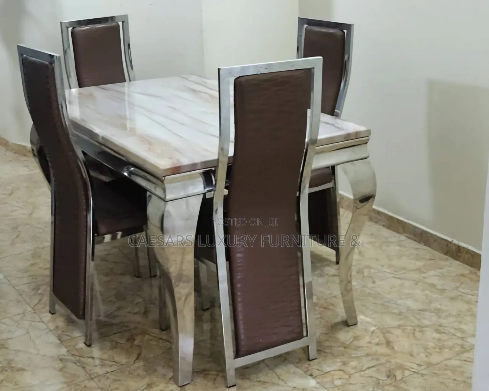 4-Seater Marble Top Dining Table Set With Chrome Steel Legs