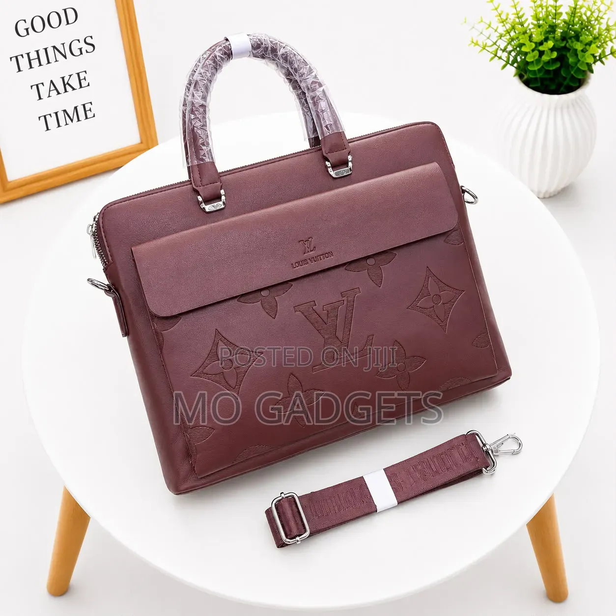 Designer LV Embossed Leather Laptop Briefcase – Matte Black and Brown