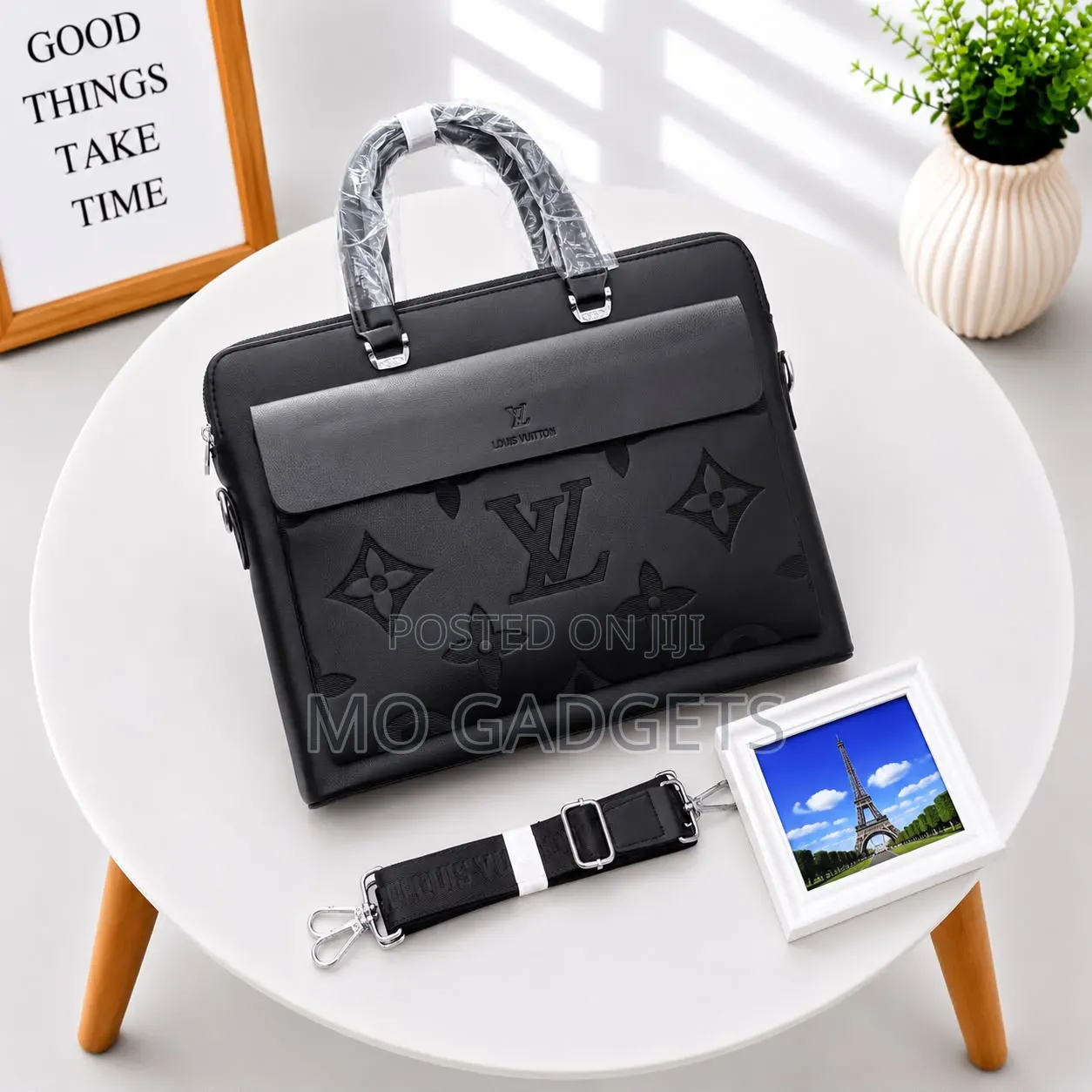 Designer LV Embossed Leather Laptop Briefcase – Matte Black and Brown