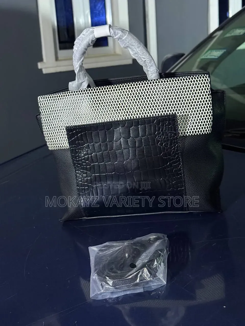 Black & White Textured Crocodile-Panel Luxury Ladies Leather Handbag