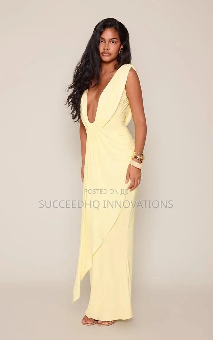 Sexy Lemon Yellow Slinky Birthday Gown Long Dress for Dinner Party