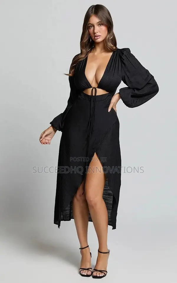Sexy Black Tie Front Slit Midi Dress
