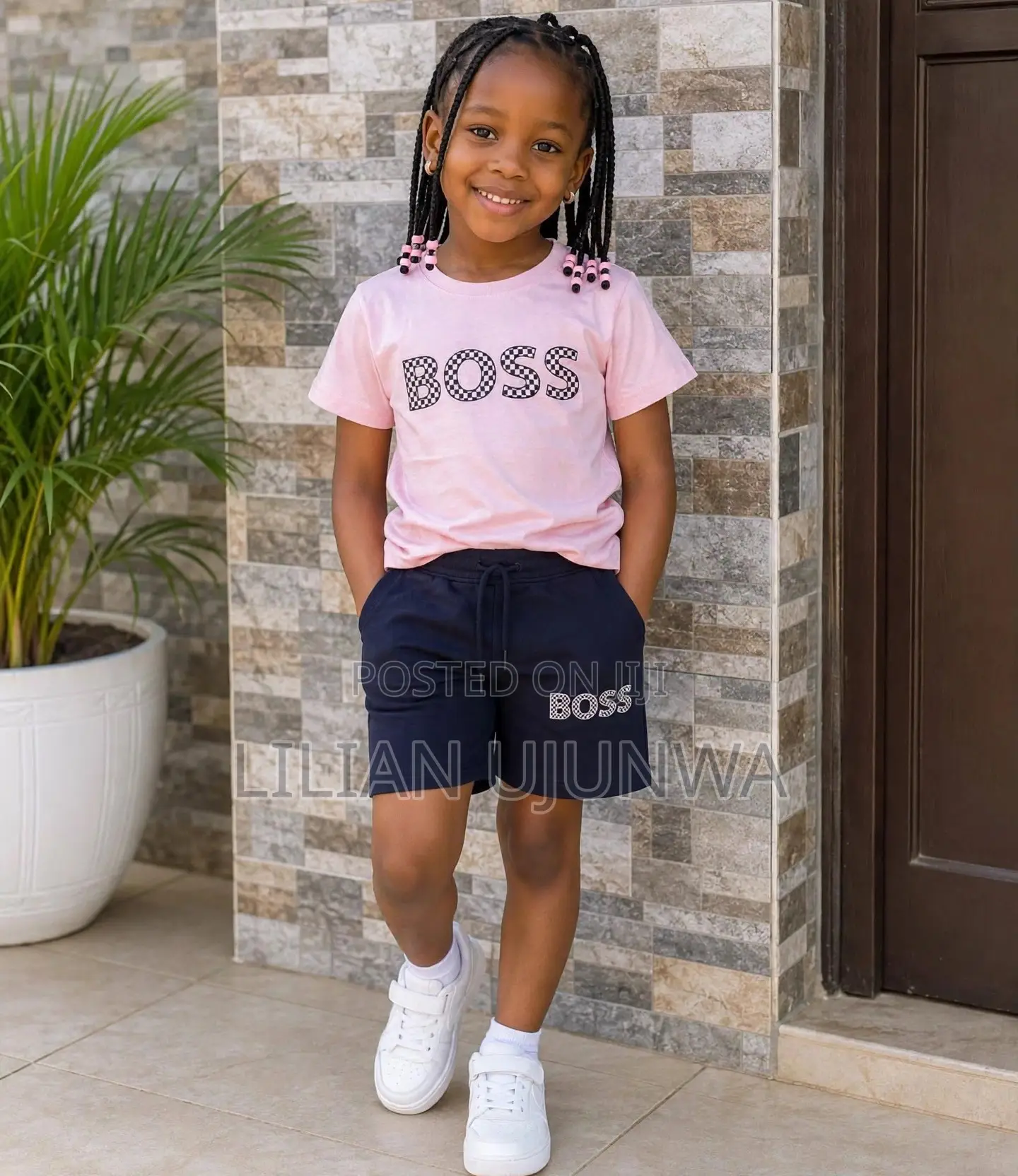 BOSS 2pcs Set for Girls Age 6yrs - Pink Top & Navy Blue Short