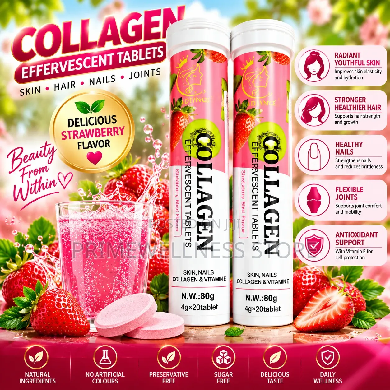 Collagen Effervescent Tablets in a Strawberry Kiwi Flavor