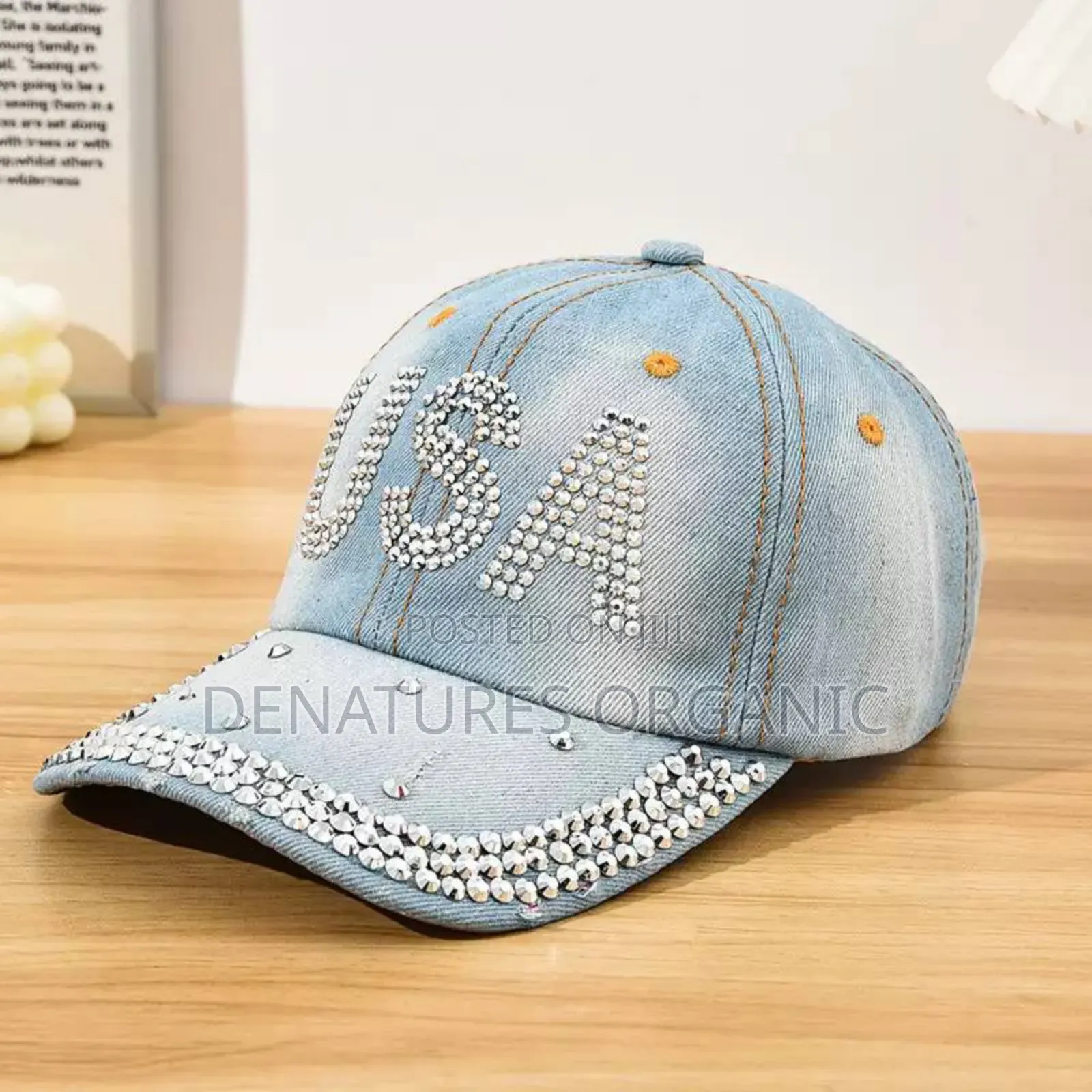 Metallic Star Rhinestone Studded Jean Cap Cap