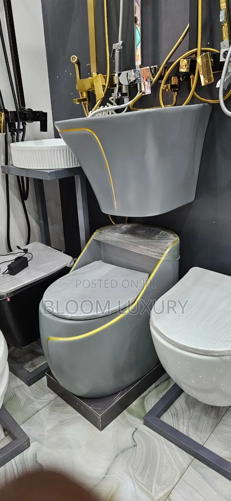 Grey+GoldLine Water Closet With Wall Hung Basin