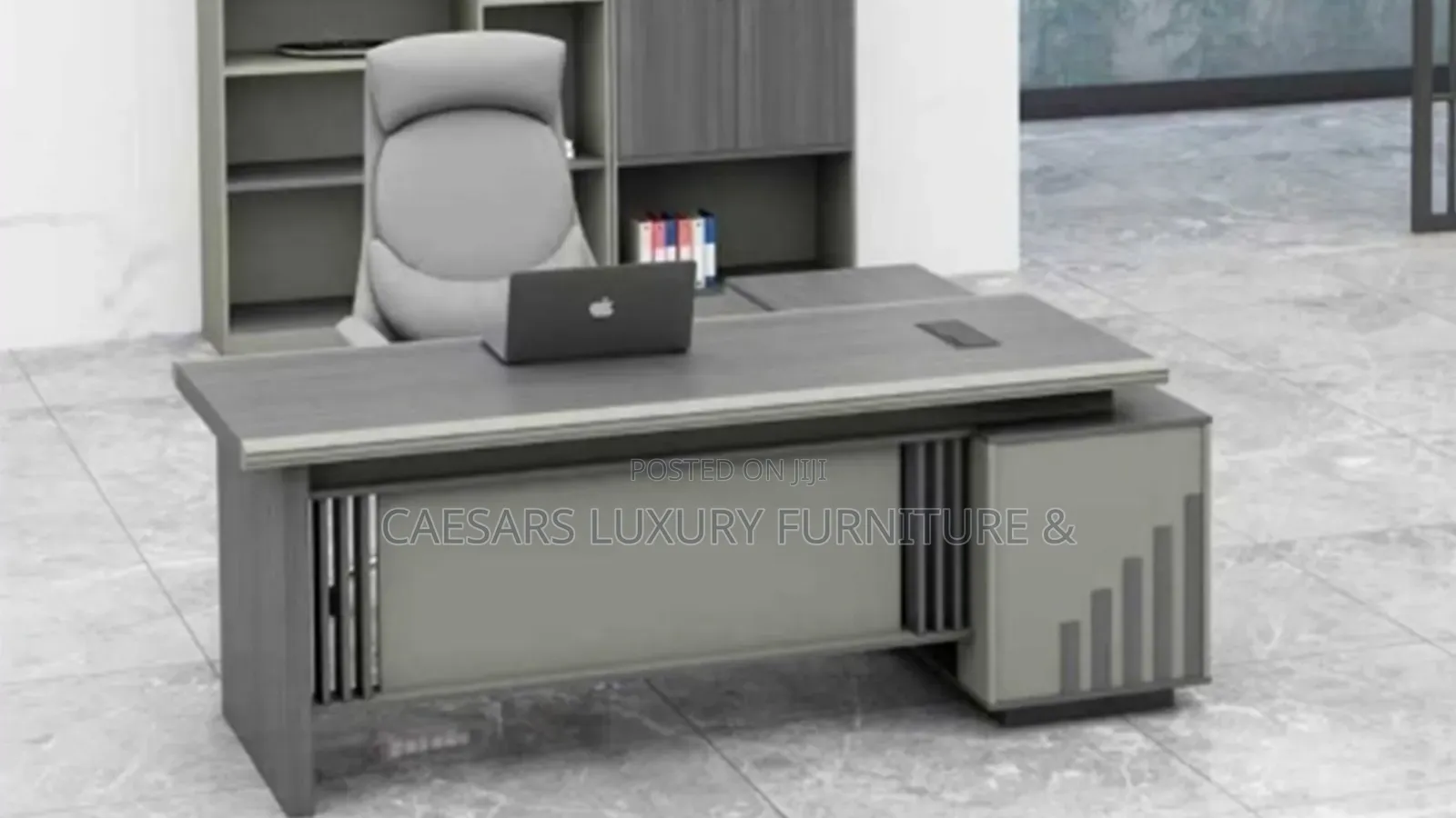 Grey Executive L-Shape Office Desk With Side Cabinet