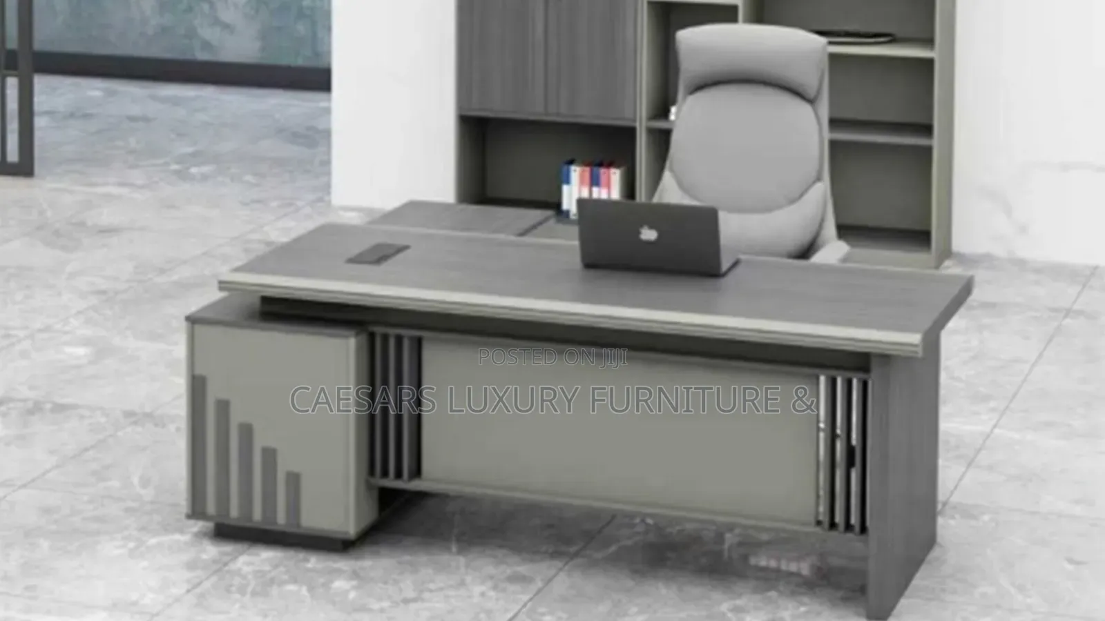 Grey Executive L-Shape Office Desk With Side Cabinet