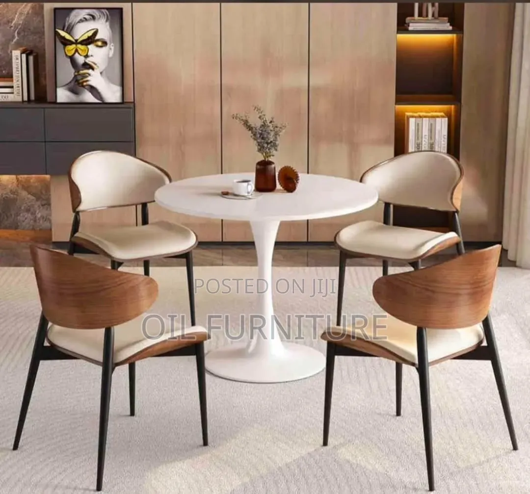 Luxury 4-Seater Dining Set – White Round Pedestal Table & Wooden Back