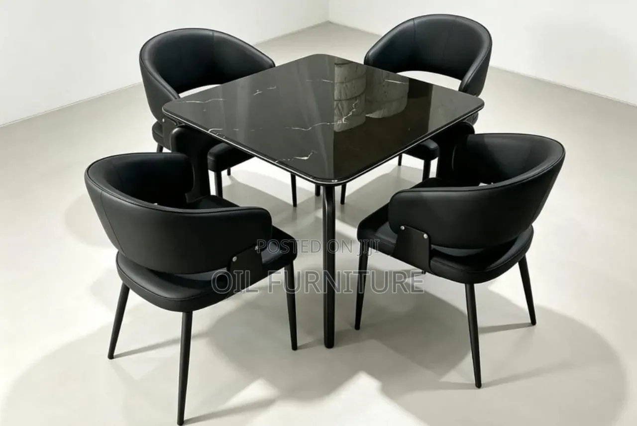 Modern Black Marble Top Dining Set – 4-Seater Leather Armchair Set