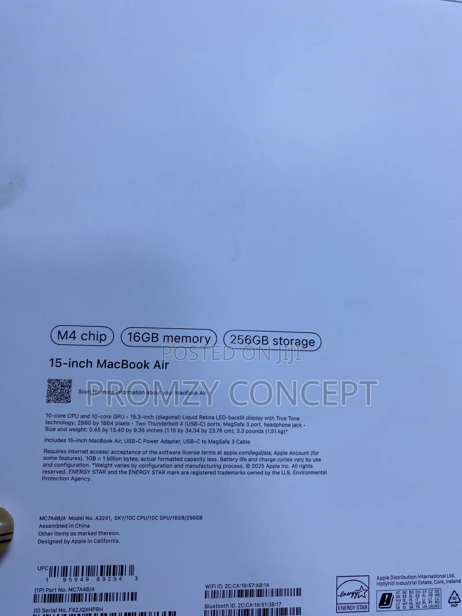 New Laptop Apple MacBook Air 2025 M4 16GB Apple M4 SSD 256GB