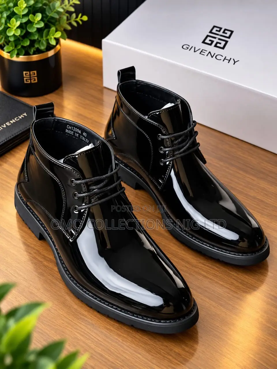 Luxury Givenchy Men’s Black Patent Leather Lace-Up Boots – Fully Boxed