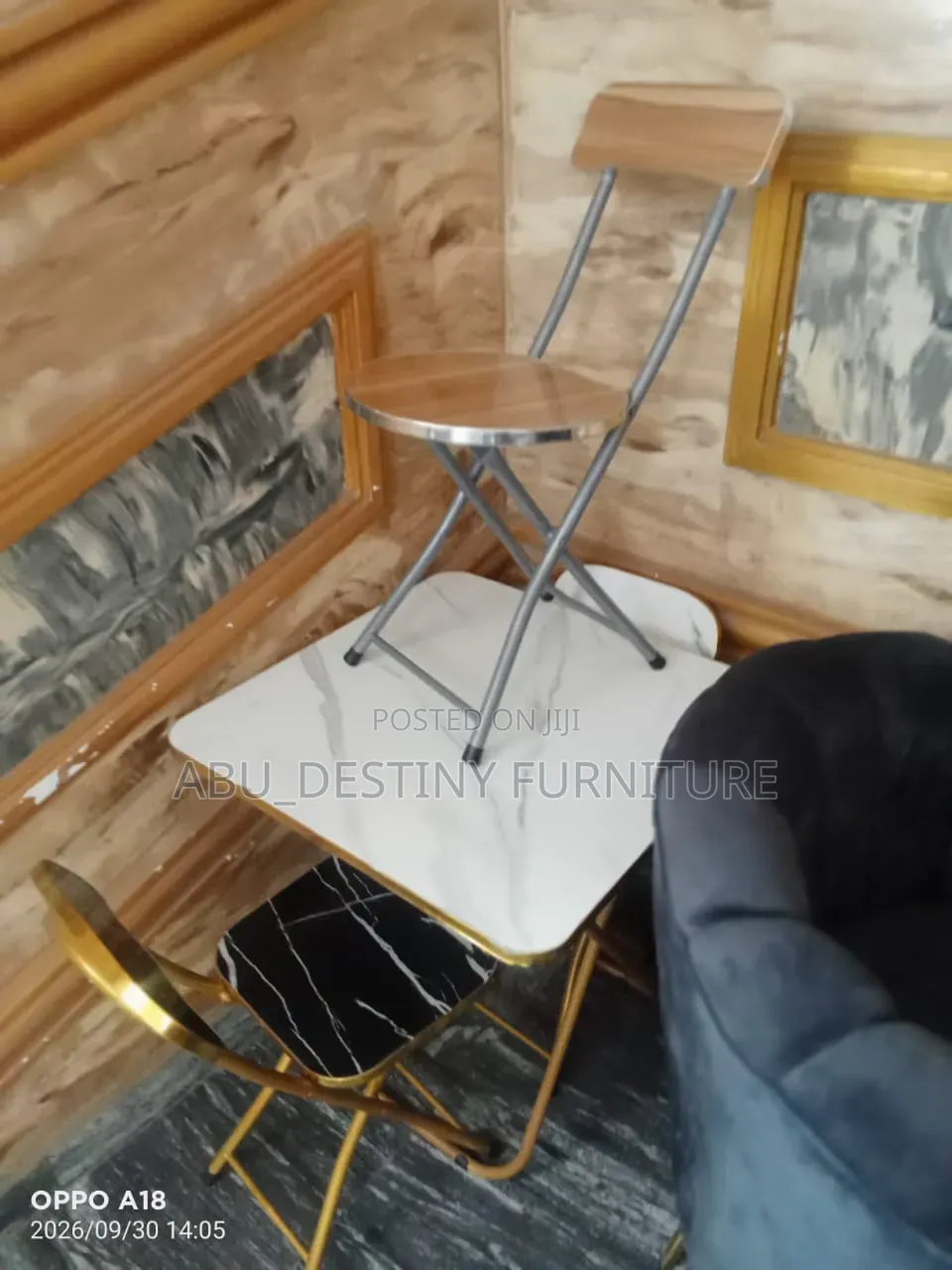 Foldable Marble-Top Table With Foldable Chairs