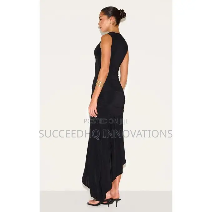 Black Sleeveless Ruched Asymmetrical Midaxi Dress