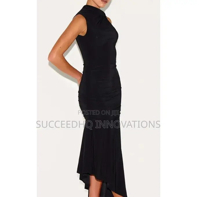 Black Sleeveless Ruched Asymmetrical Midaxi Dress