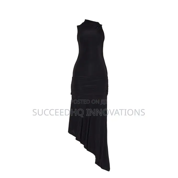 Black Sleeveless Ruched Asymmetrical Midaxi Dress