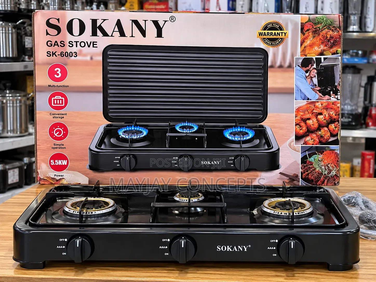 SOKANY SK-6003 3-Burner 5.5kW Gas Stove With Adjustable Flame Control