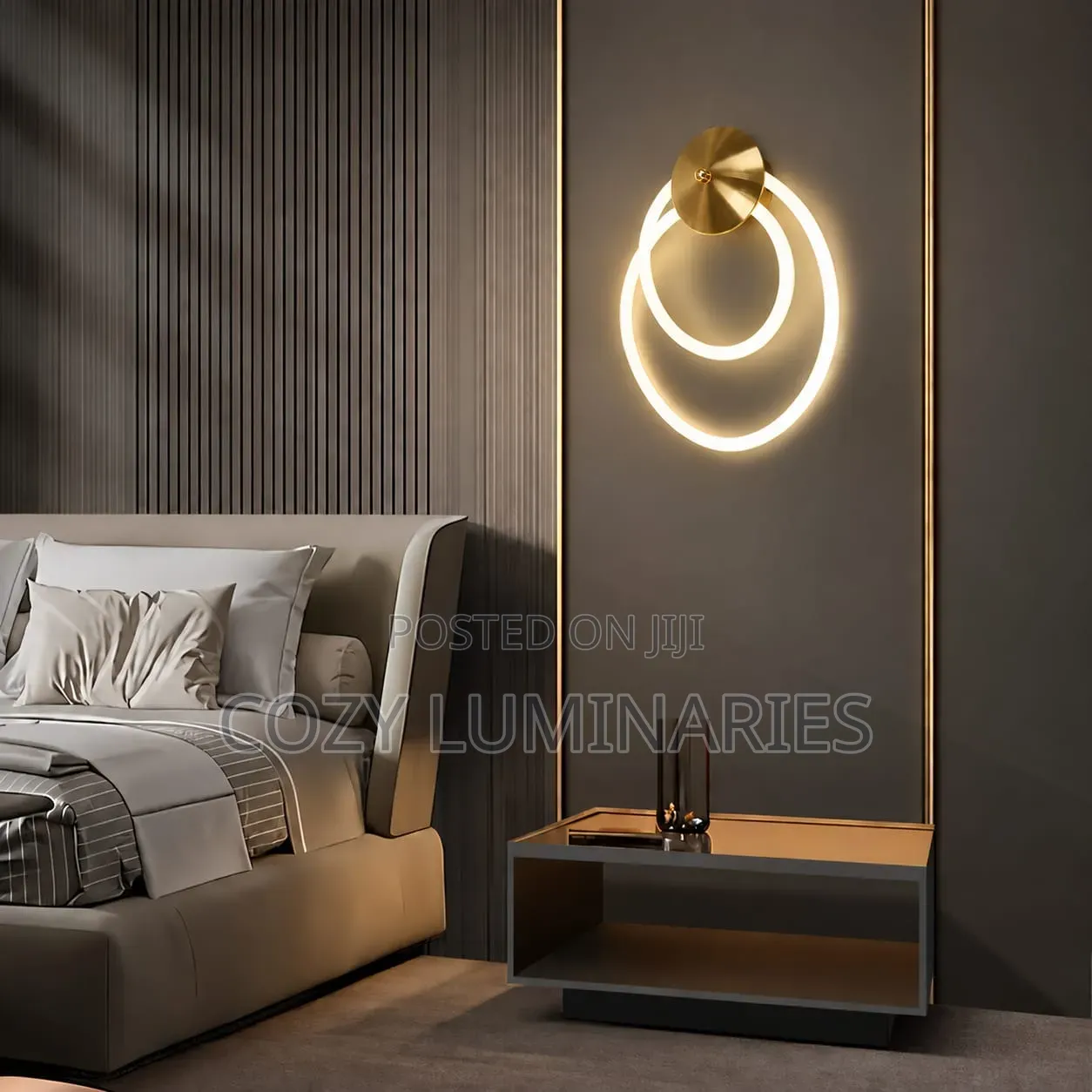 Modern Double Ring LED Wall Light | Bedside Sconce, Gold & Black