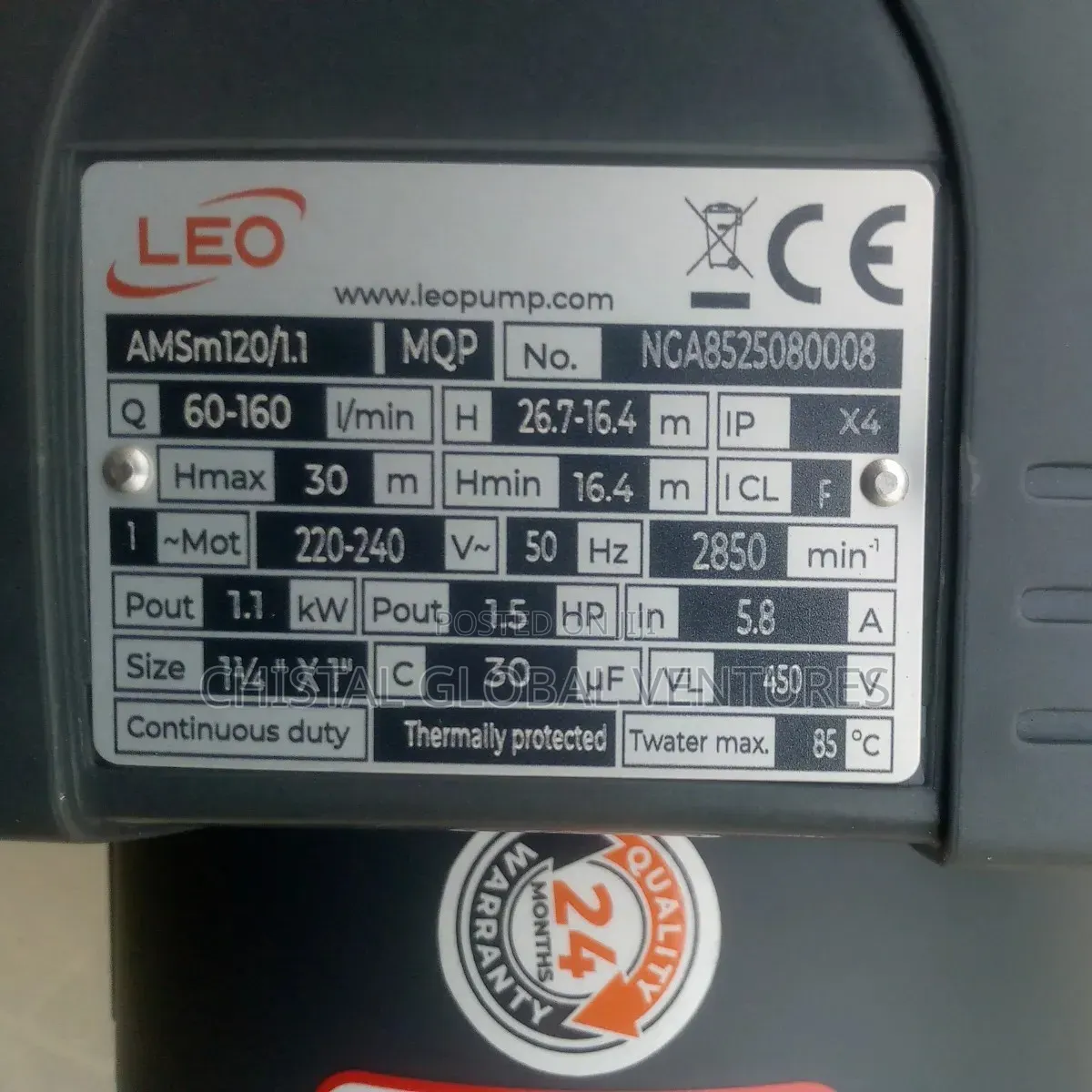 LEO 1.5HP Stainless Steel Centrifugal Pump for Hot Water 85°C
