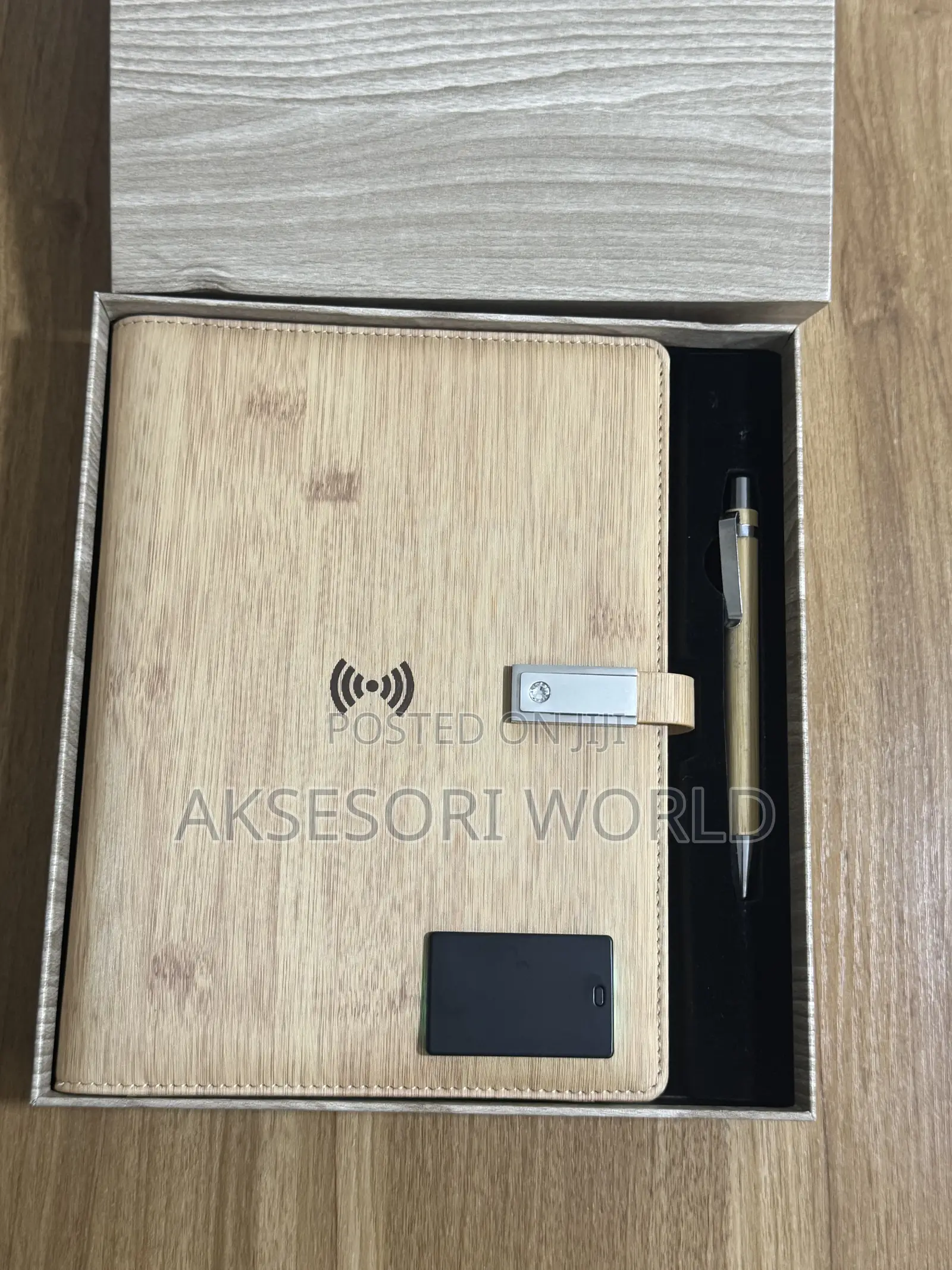 Wooden Color Leather Notebook With Power Bank, Flash Drive Gift