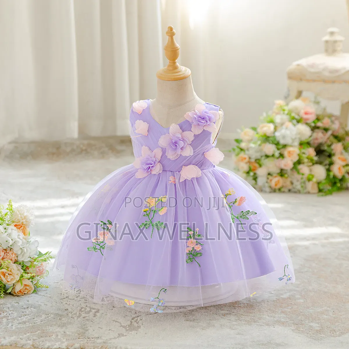 Girls 3D Floral Princess Party Dress With Embroidered Flowers (6-12m)