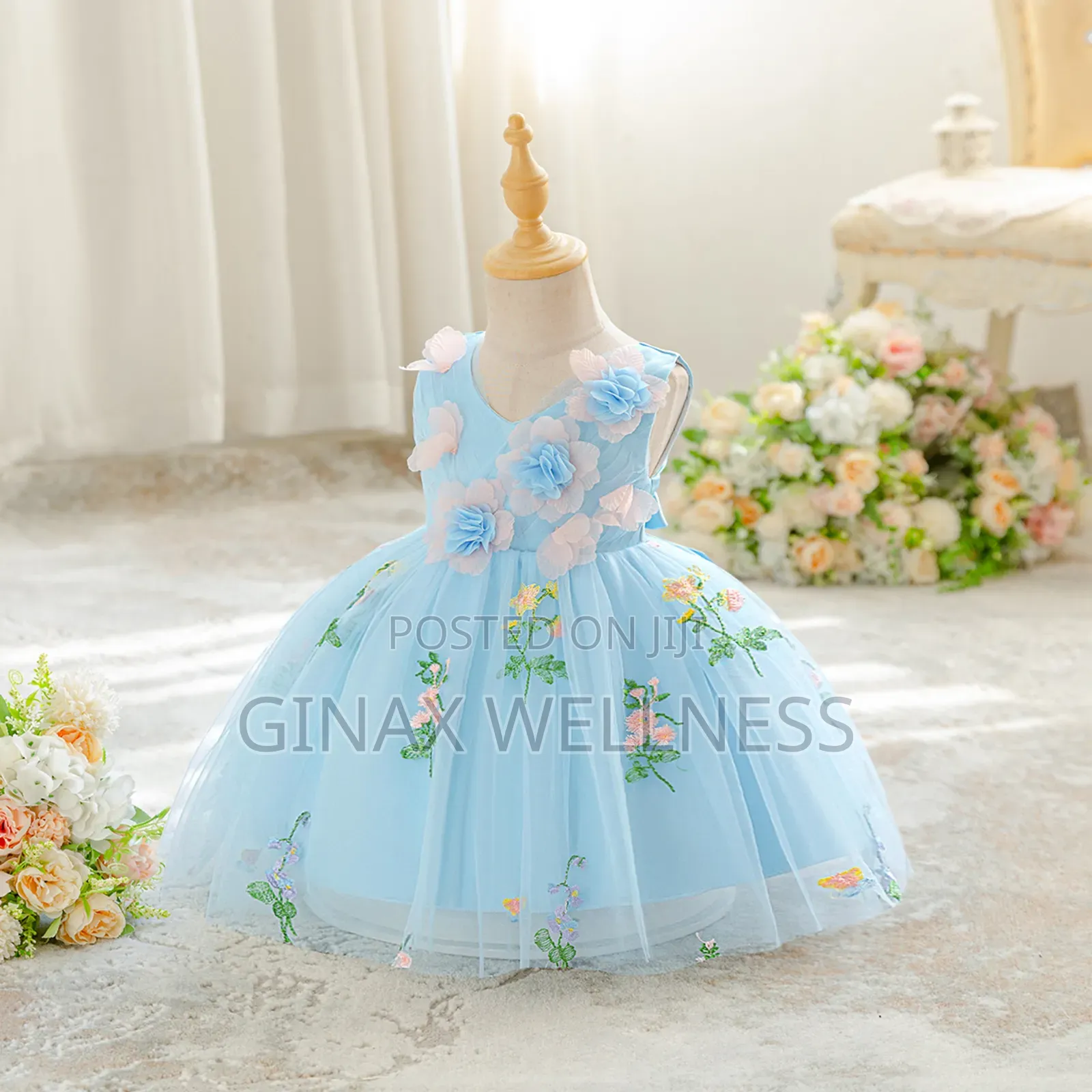 Girls 3D Floral Princess Party Dress With Embroidered Flowers (6-12m)