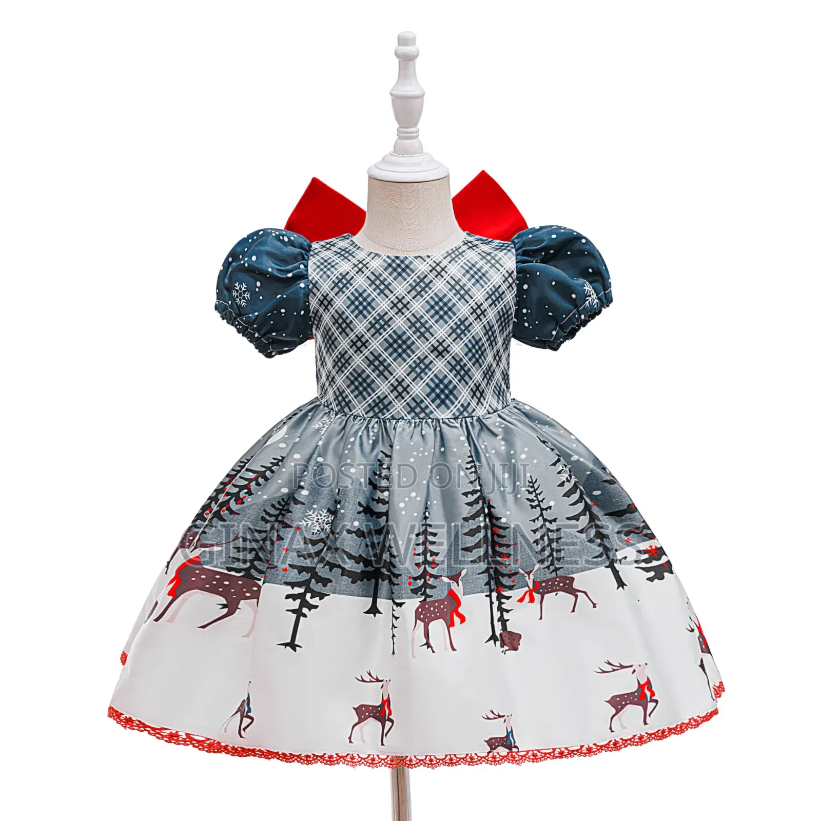 Baby Girls Christmas Dress With Reindeer Print and Big Red Bow (6-12m)