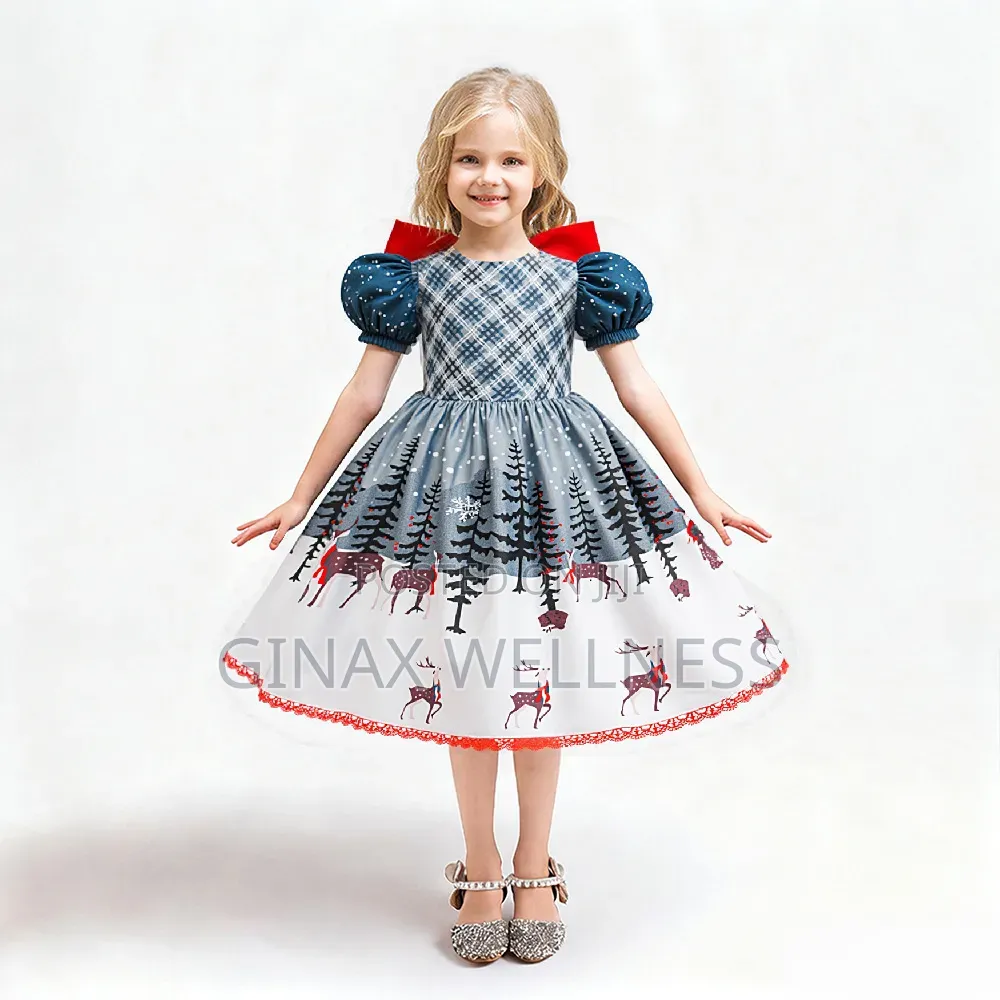 Baby Girls Christmas Dress With Reindeer Print and Big Red Bow (6-12m)