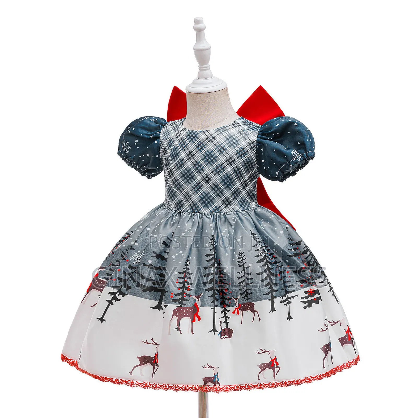 Baby Girls Christmas Dress With Reindeer Print and Big Red Bow (6-12m)